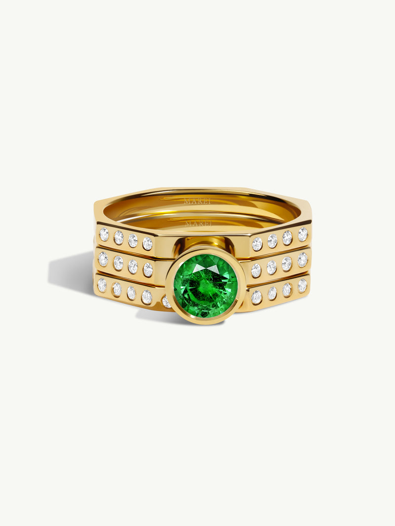 Octavian Lotus Engagement Ring With Round Brilliant-Cut Emerald Ring In 18K Yellow Gold