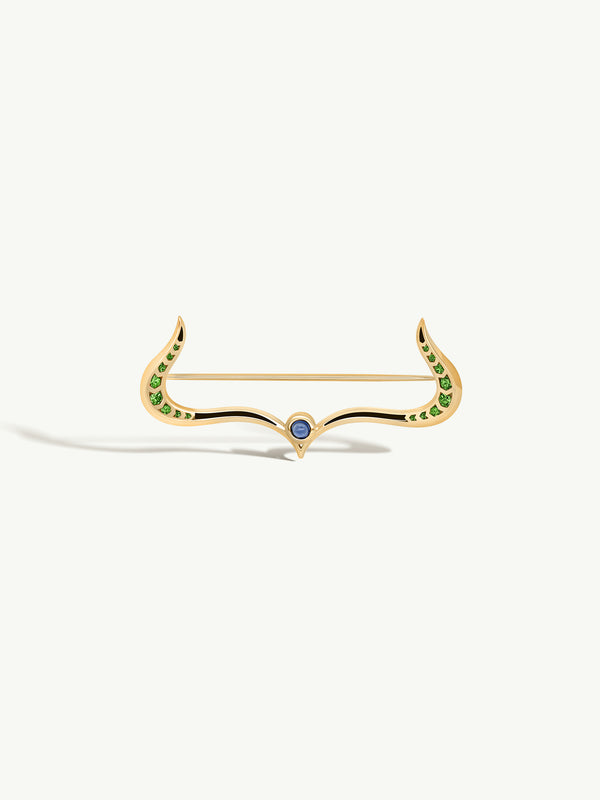 Marei New York Amun-Ra Taurus Lapel Brooch Pin With Tsavorite Garnets & Sapphire In 18K Yellow Gold - Img 1