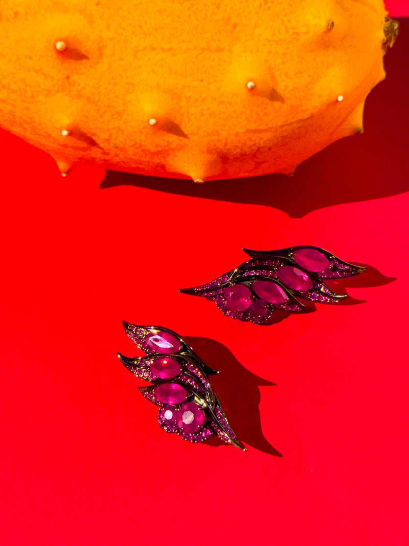 Isadora Ruby Phoenix Flame Earrings In 18K Blackened Gold