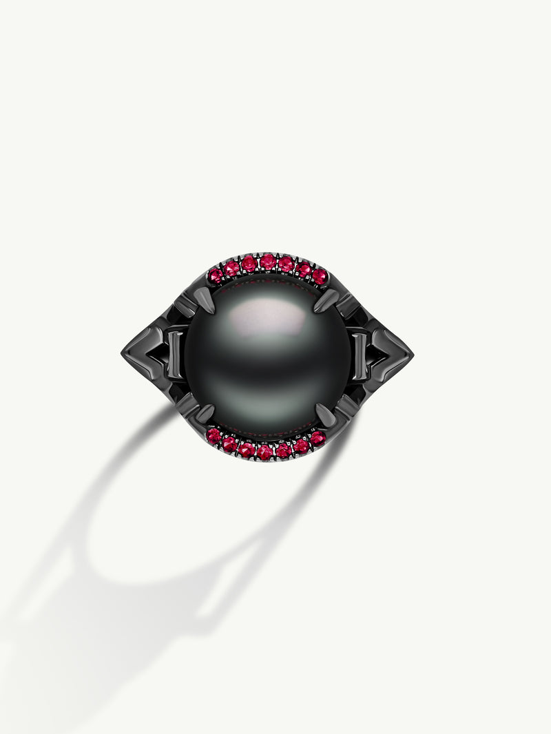 Isis Goddess Ring With Tahitian Black Pearl & Pavé-Set Brilliant Rubies In 18K Blackened Gold