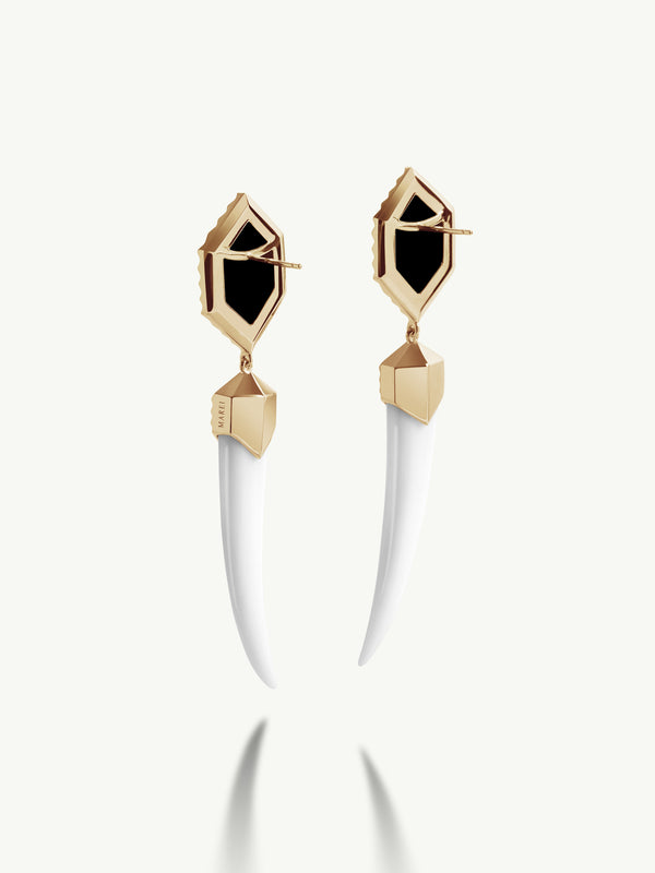 Alexandria Horn Talisman Drop Earrings With Black & White Onyx Agate In 18K Yellow Gold