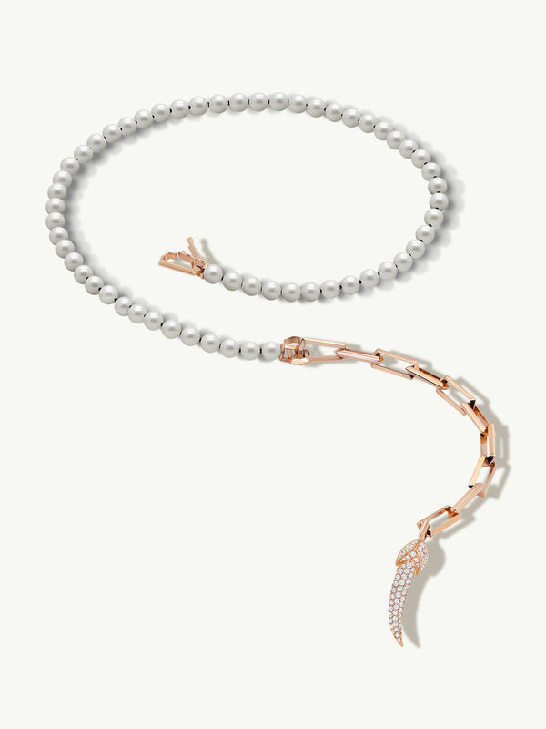 Damian Horn Talisman Pearl Necklace With Pavé-Set Brilliant Diamonds In 18K Rose Gold