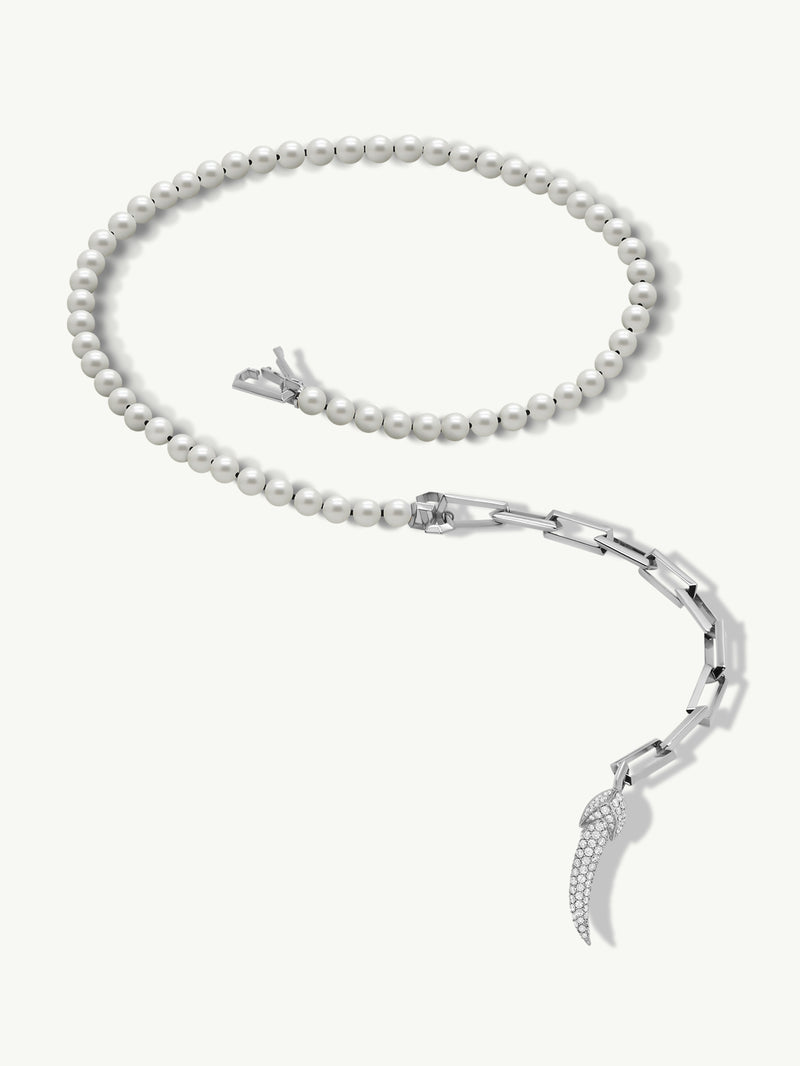 Damian Horn Talisman Pearl Necklace With Pavé-Set Brilliant Diamonds In 18K White Gold