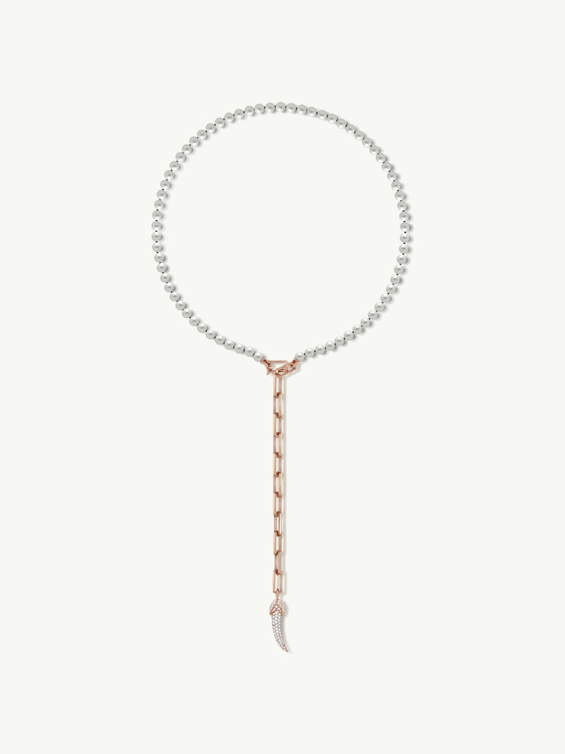 Damian Horn Talisman Pearl Necklace With Pavé-Set Brilliant Diamonds In 18K Rose Gold