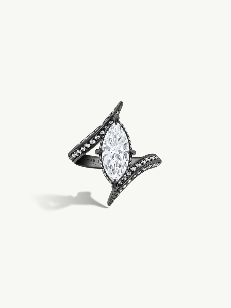 Ayla Arabesque Engagement Ring With Marquise-Cut White Diamond & Pavé-Set Brilliant White Diamonds In 18K Blackened Gold