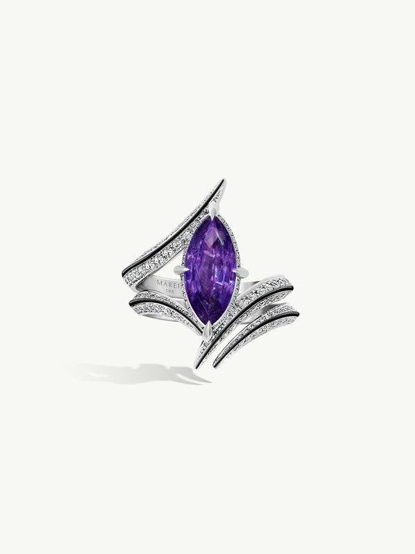 Ayla Arabesque Engagement Ring With Marquise-Cut Purple Kashmir Sapphire, Pavé-Set Brilliant White Diamonds & Enamel In 18K White Gold