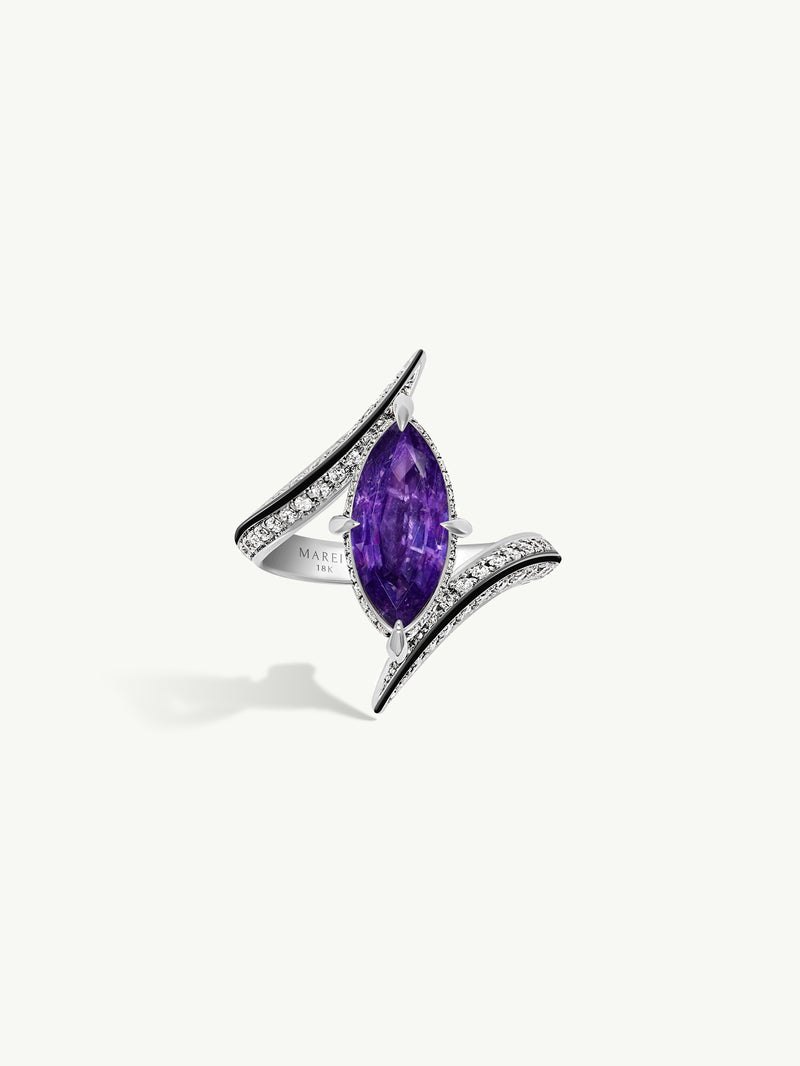 Ayla Arabesque Engagement Ring With Marquise-Cut Purple Kashmir Sapphire, Pavé-Set Brilliant White Diamonds & Enamel In 18K White Gold
