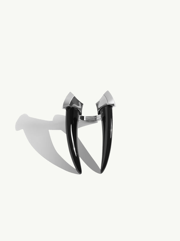 Mini Damian Black Onyx Horn Talisman Ring In Sterling Silver