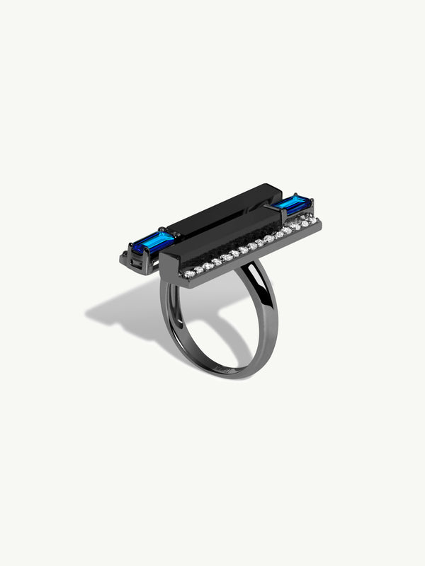 Invidia Black Onyx Column & Baguette-Cut Blue Sapphire Ring With Pavé-Set White Diamonds Ring In 18K Blackened Gold