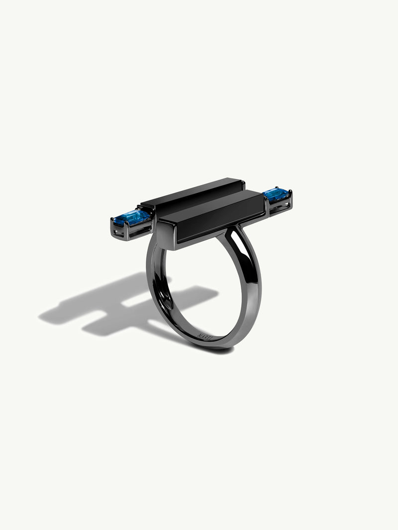 Invidia Black Onyx Column & Baguette-Cut Blue Sapphire Ring In 18K Blackened Gold