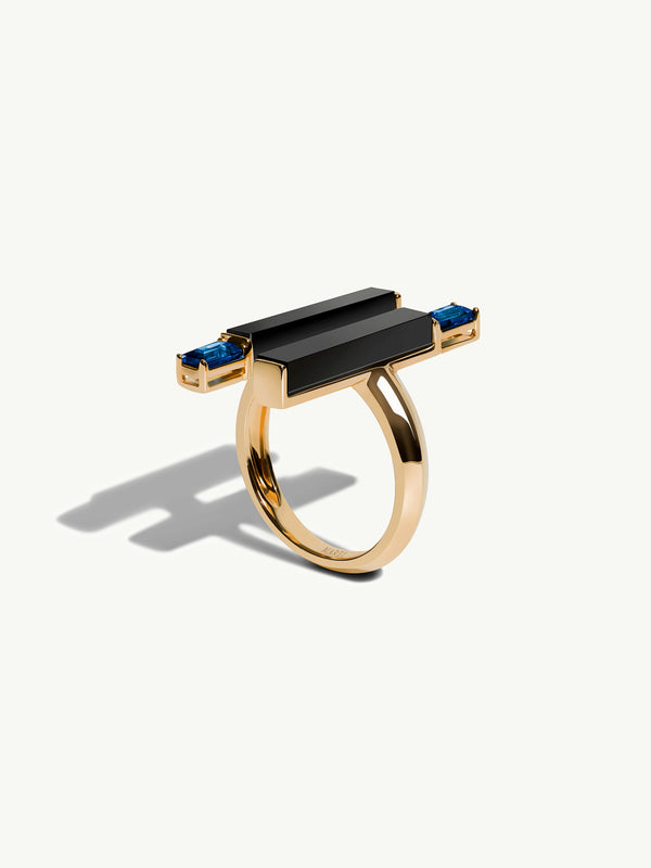 Invidia Black Onyx Column & Baguette-Cut Blue Sapphire Ring In 18K Yellow Gold