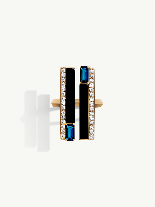 Invidia Black Onyx Column & Baguette-Cut Blue Sapphire Ring With Pave-Set White Diamonds Ring In 18K Yellow Gold