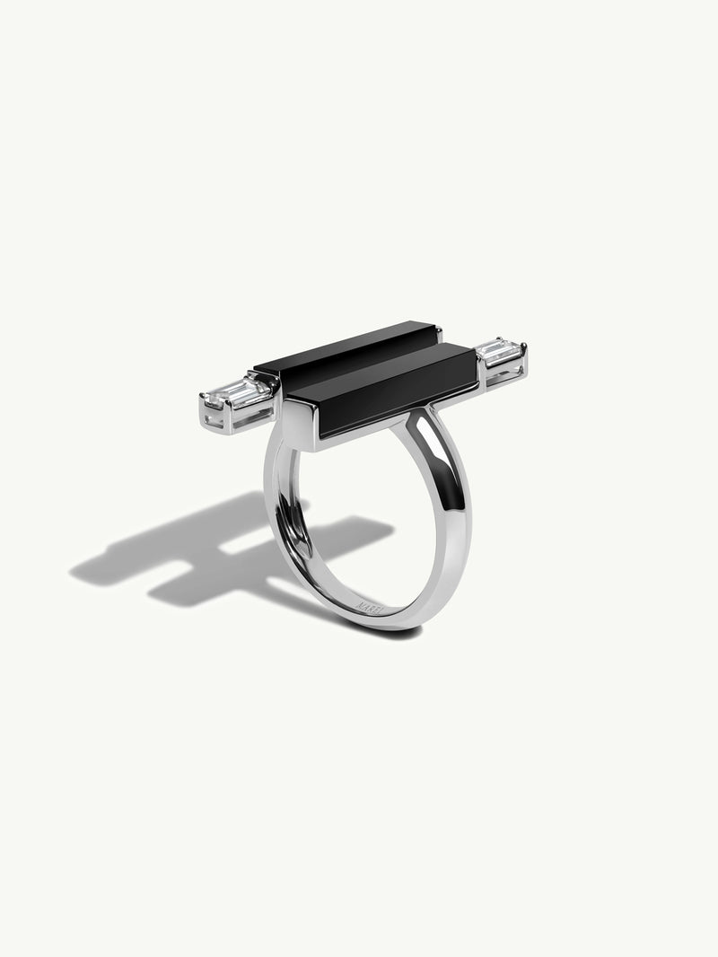 Invidia Black Onyx Column & Baguette-Cut White Diamond Ring In 18K White Gold
