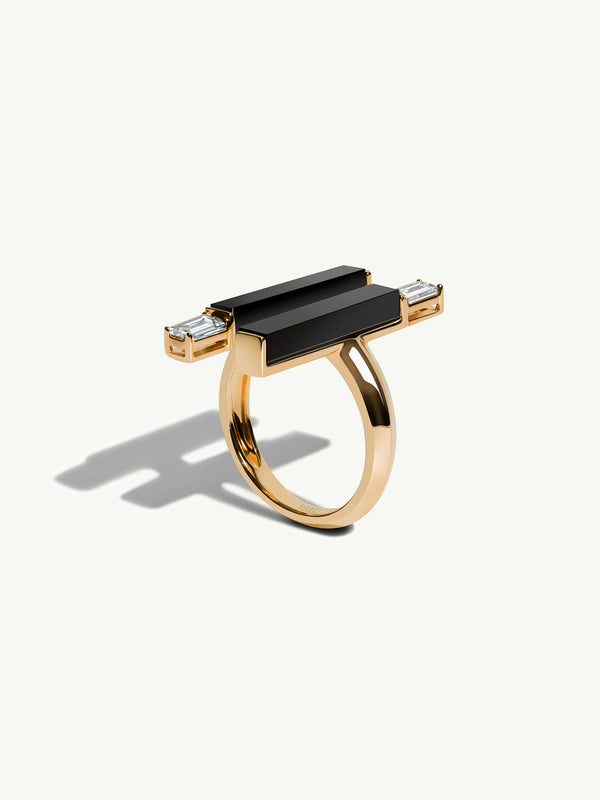 Invidia Black Onyx Column & Baguette-Cut White Diamond Ring In 18K Yellow Gold