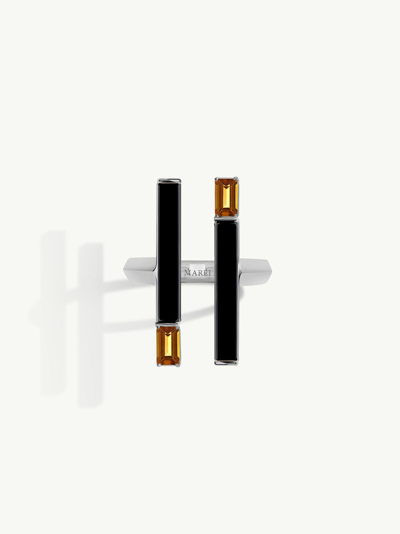 Invidia Black Onyx Column Ring With Baguette-Cut Citrine In 18K White Gold