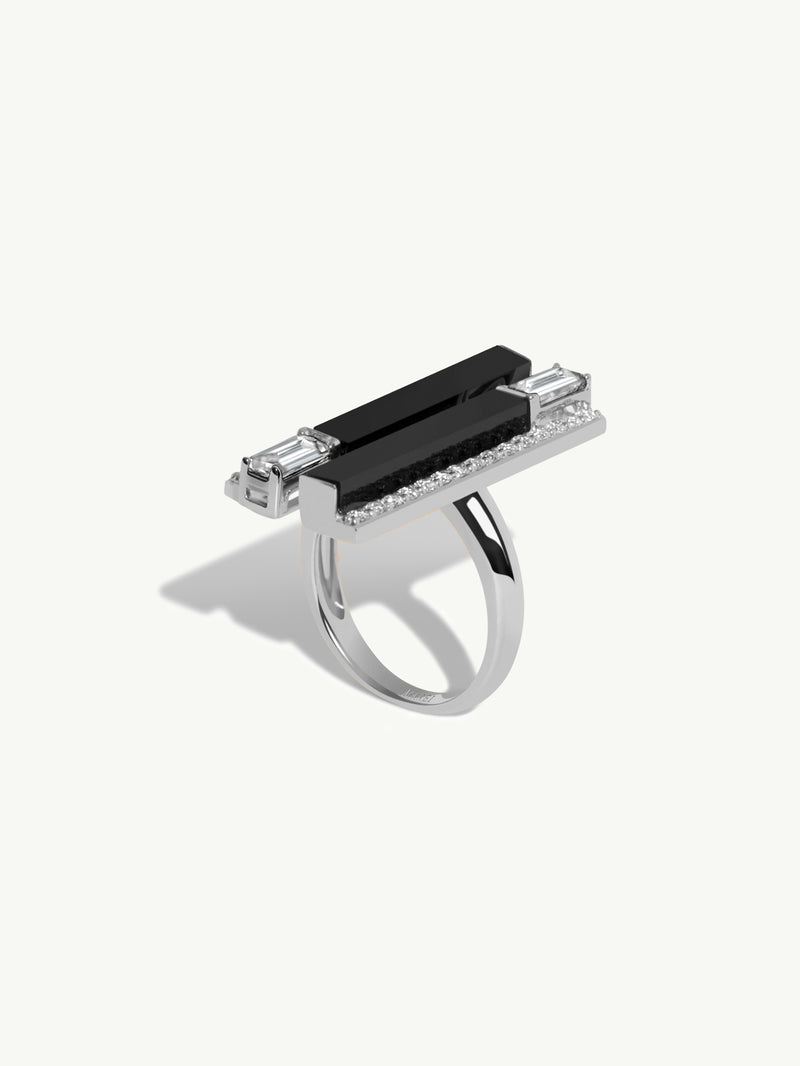 Invidia Black Onyx Column & Baguette-Cut White Diamond Ring With Pavé-Set Diamonds In 18K White Gold