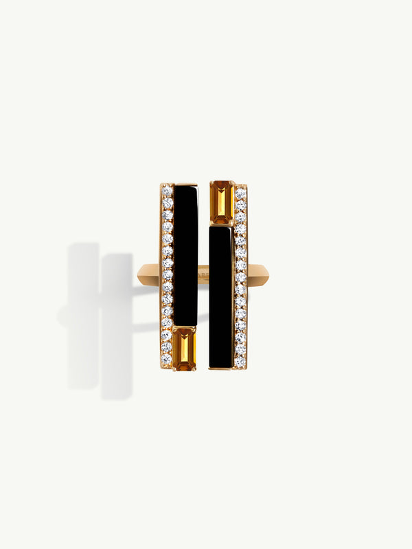 Invidia Black Onyx Column Ring With Baguette-Cut Citrine & White Diamonds In 18K Yellow Gold, 0.45 CTW