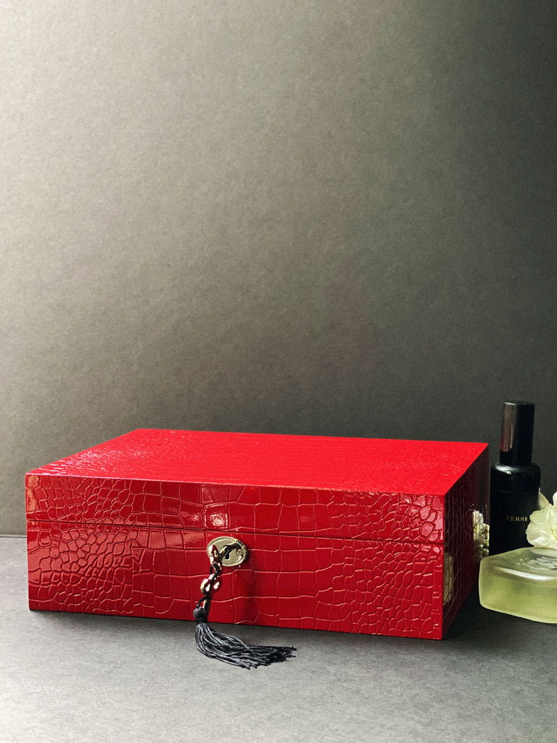 Faux Red Crocodile-Textured Leather Jewelry Box