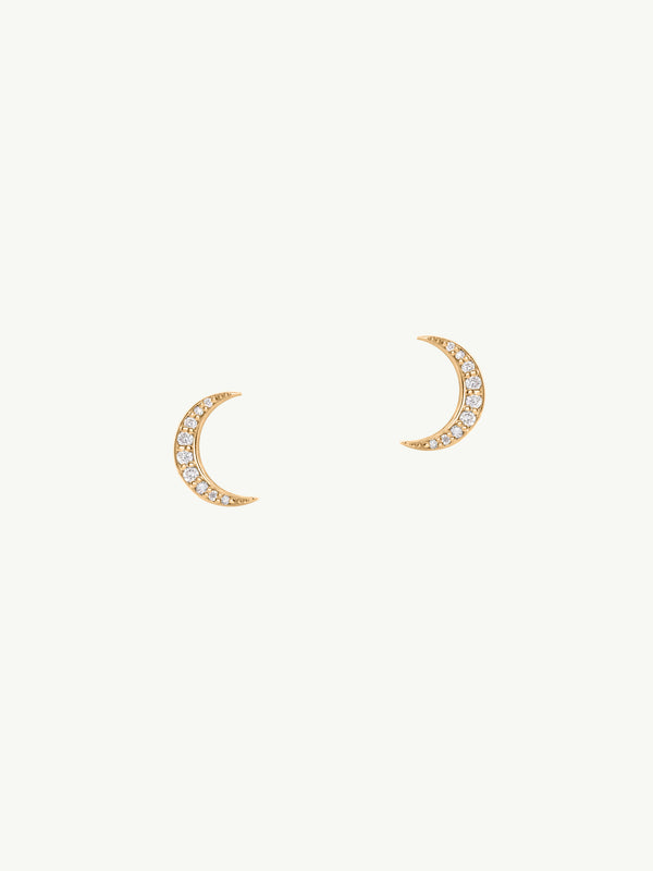 Crescent Moon Stud Earrings With Pavé White Diamonds In 14K Yellow Gold