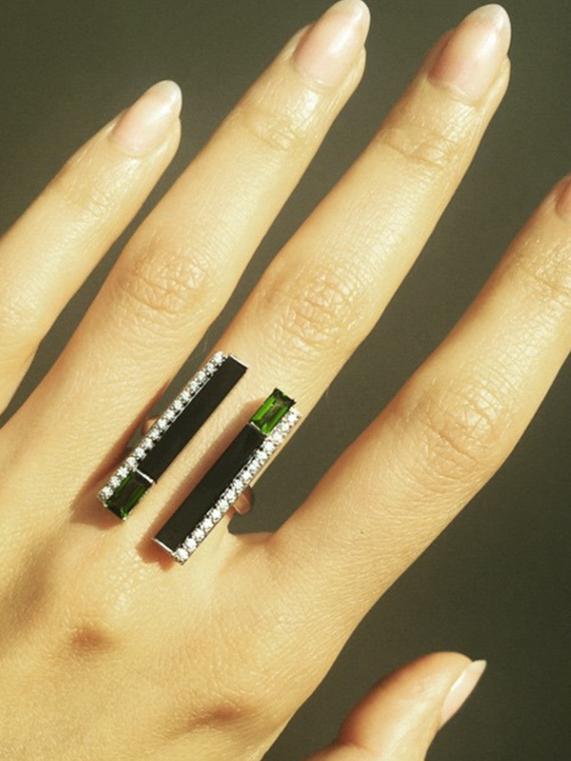 Invidia Black Onyx & Baguette-Cut White Diamond Ring With Pavé-Set Diamonds In 18K Yellow Gold
