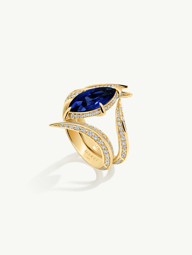 Ayla Arabesque Engagement Ring With Marquise-Cut Blue Sapphire & Brilliant Pavé-Set White Diamonds In 18K Yellow Gold